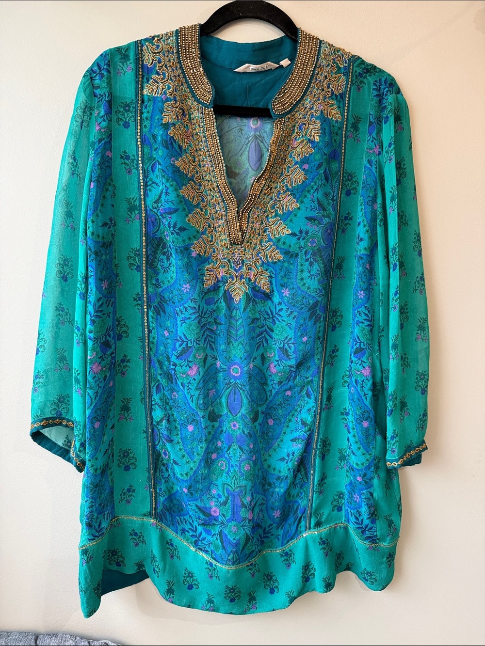 Soft Surroundings Teal & Turquoise Embellished beaded sequined Boho Tunic